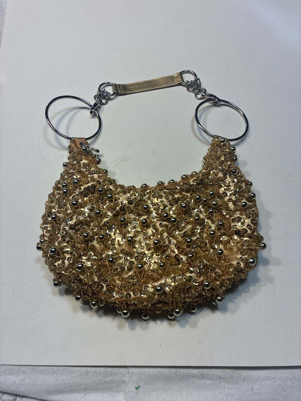 Prezzo Gold Sequin and Silver Dangle Bead Evening Bag